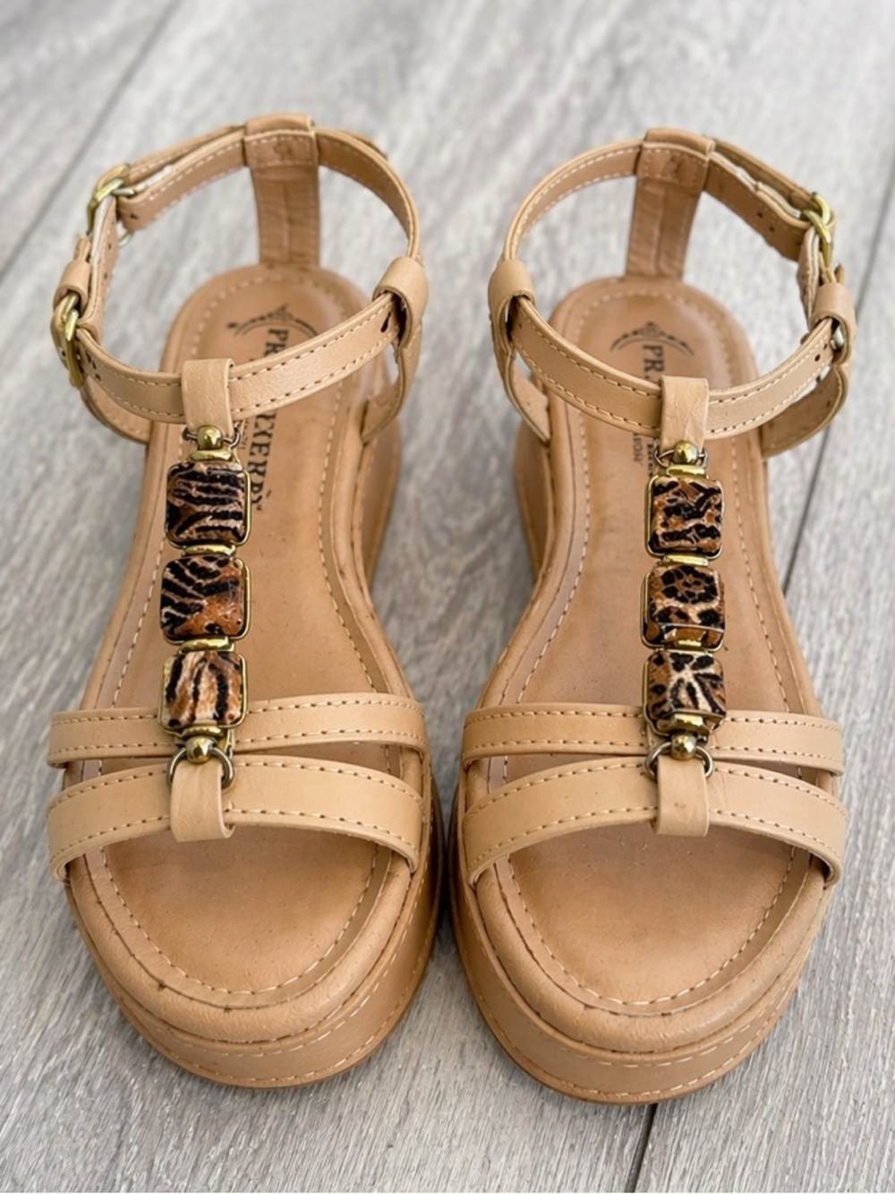 Women's Tan Leather Platform Sandals with Animal Print Accents